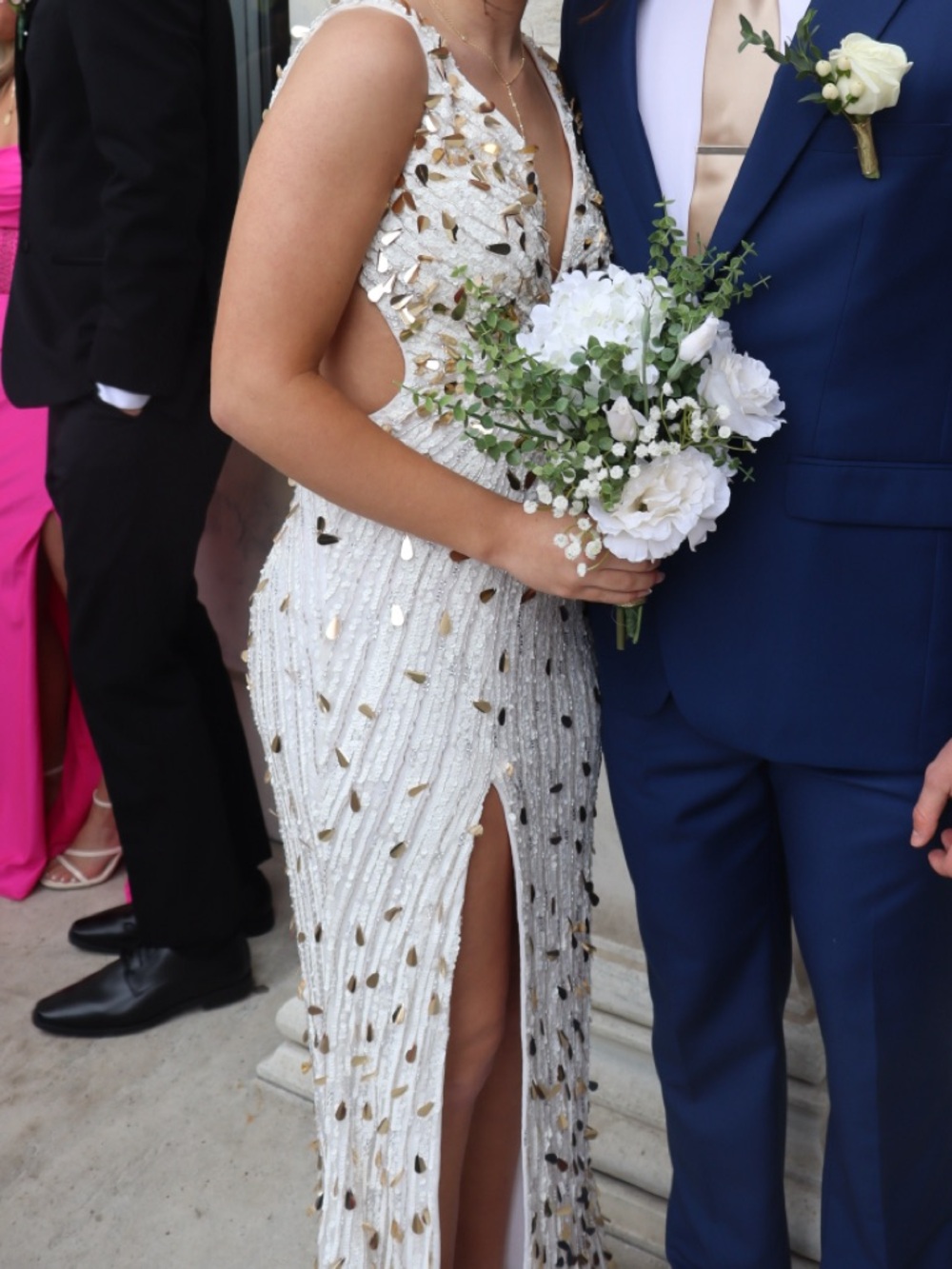 Elegant White Sequin Gown with Gold Accents - Women Dresses - Picture 2 of 5